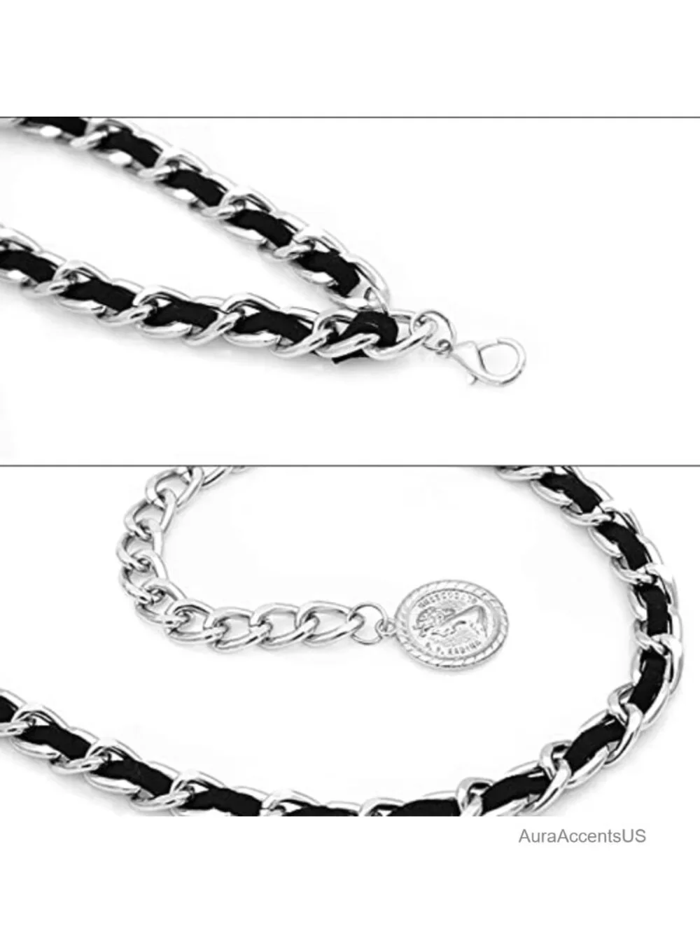 Layered Metal Waist Chain Leather Belt for Women